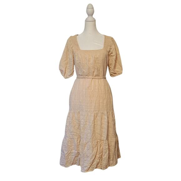 Evereve Carley Textured Tiered Square Neck Tie Waist Midi Dress Cream Womens S - Picture 2 of 9